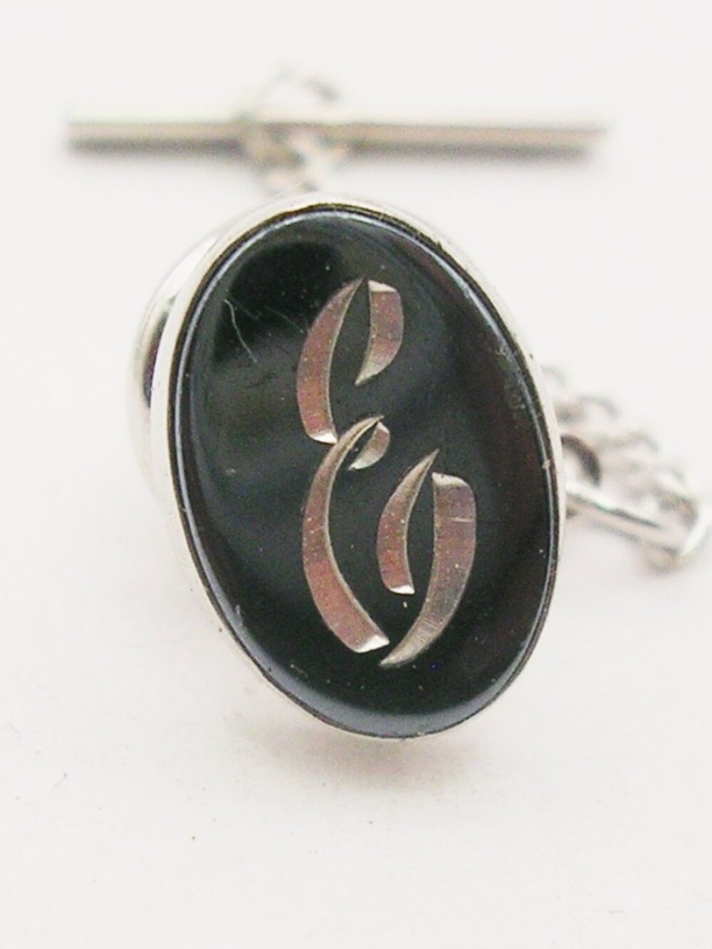 Initial E Tie Tack Pin with chain vintage Men's Formal Wedding Accessory